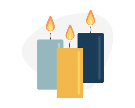 Three Burning Candles stand nearby. Multi-colored tall wax candles. Fire and flame. Cozy interior item. Romance. Color image - yellow, blue. Flat design. Isolated objects. Vector illustration.のイラスト素材