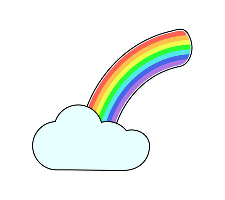 Sticker rainbow comes out of one cloud. Weather. Meteorological phenomenon Cloudiness. Positivity and fantasy. Vibrant color image with outline. Isolated object. Vector illustration.のイラスト素材