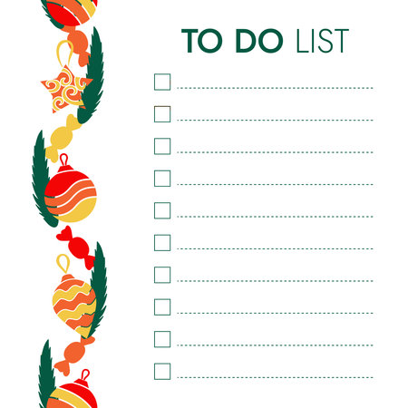 To-do list with New Year decorations. Christmas tree decorations, pine branches and candies. Blank template with place for check mark with festive Seamless brush on the right. Vector illustration.のイラスト素材