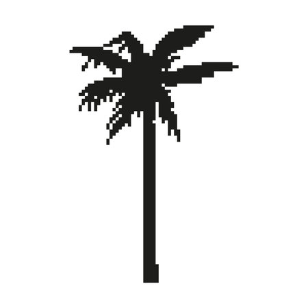 Silhouette of pixel palm tree. Game style of 90s, 8-bit. Black tropical beach tree on white background. Trunk and palm leaves. Botany, nature. Isolated object. Vector illustration.のイラスト素材