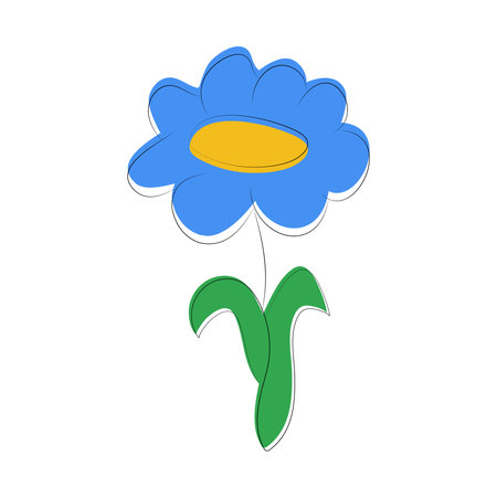 Childs drawing of a blue flower. Field Chamomile or Cornflower. Botany, nature. Plant. Hand drawn. Color image with outline. Isolated object. Vector illustrationのイラスト素材