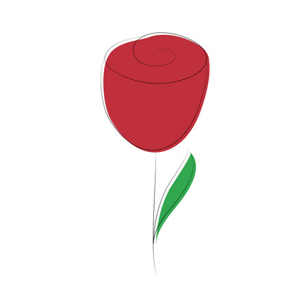 Children drawing of a red rose. Flower bud. Color image with outline. Flora, botany. Plant, nature. Hand drawn. Isolated object on a white background. Vector illustrationのイラスト素材