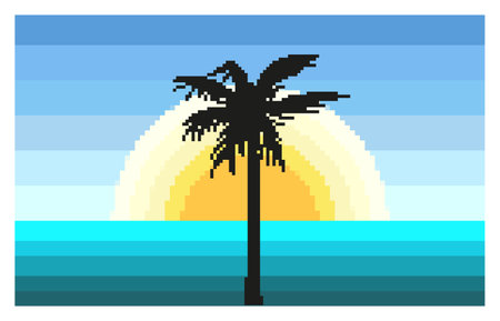 Pixel sunrise landscape with palm tree. Black tropical beach tree overlooking sea and sun. Game style of the 90s, 8-bit. Trunk and palm leaves. Relaxation, vacation. Level color. Vector illustration.のイラスト素材
