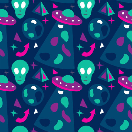 Alien UFO pattern. Space seamless pattern on a dark background. Flying saucer, alien, planet. Galaxy, stars and earth. Direction. Color image - blue, green and pink. Doodle style. Vector illustration.のイラスト素材