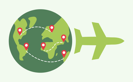 Flight Routes on Earth. Airplane shape. Trip around world to different Countries. Pin icons Planet. Paths from take-off point. Fly Air travel. Color image - green, red. Navigation. Vector illustrationのイラスト素材