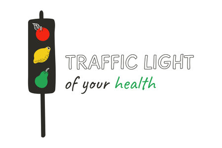 Traffic light of your health. Fruits instead of Spectacle - apple, lemon and pear. Healthy food, diet. Vitamins. Utility. Harvest Raw fruits. Vegan. Card with text. Color image. Vector illustrationのイラスト素材