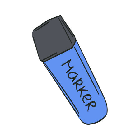 Blue Marker Pen. Text highlighter. School Office. Marking text. Stationery. Drawn isolated. Flat...