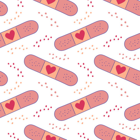 Fast medical help. Plasters. Heal with care and love. Flat style. Psychological and mental help. Seamless print. Color image with outline. Vector illustration.のイラスト素材