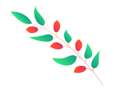 Branch with wild berries in game style. Twig with rosehip. Green leaves. Plant with red fruits, botany. Raw food in the forest. Isolated on white background. Color gradient. Vector illustration.のイラスト素材