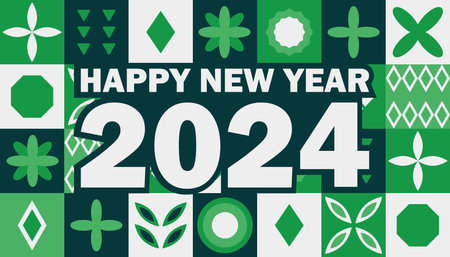 Geometric pattern for New Year 2024. Green postcard with congratulation text. Geometry shapes, symmetrical figures. Square checkerboard print. Color image. Strict style. Vector illustration.のイラスト素材