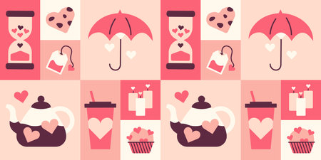 Square Pattern of items for Valentine Day. Festive love print. Hourglass, umbrella. Heart shaped cookies, cupcake. Kettle, tea bag and cup of coffee. Candles. Sweets. Color image. Vector illustration.のイラスト素材
