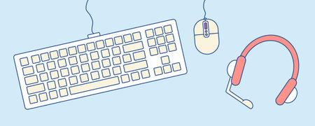 Keyboard, computer mouse, headset. Illustration Working office desk. View from above. Computer accessories. Gaming equipment and technologies. Headphones. Technical support. Color with outline. Vectorのイラスト素材