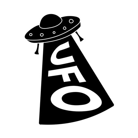 Silhouette of Flying Saucer with word UFO in light. Text theft. Flight of unidentified object. Alien spaceship. Levitation. Invasion. Black white image. Isolated space transport. Vector illustration.のイラスト素材