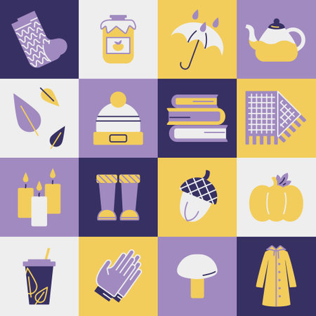Square pattern autumn icons. Woolen socks, hats, scarf. Scottish print. Jam, kettle, tea. Pumpkin and acorn. Umbrella with rain. Leaves and mushroom. Books and candles. Raincoat. Vector illustrationのイラスト素材