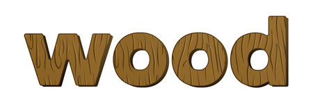Wood word with wooden texture. Text with pattern. Volumetric letters. Carved from board. Wood carving. Decoupage. Craft from forestry materials. Isolated. Flat style. Color image. Vector illustrationのイラスト素材