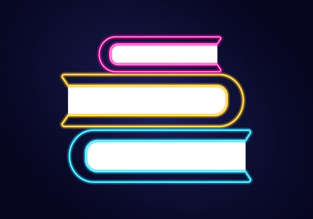 Neon icon stack of books. Outline symbol on a dark background. Reading literature. Knowledge, study. Encyclopedia, textbooks. Library. Illuminated color. Isolated object. Vector illustrationのイラスト素材