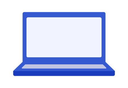 Blue Isometric Laptop with blank screen for inserting text. Portable computer. Office equipment. Front view. IT technology. PC with display, keyboard. Color image. Isolated object. Vector illustrationのイラスト素材