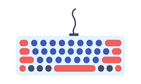 Computer keyboard with round buttons. Wired keypad. IT Office Equipment. Technology. Top view. Typing on keys. Color image. Flat design. Isolated object on a white background. Vector illustrationのイラスト素材