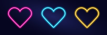 Set of neon Hearts - blue, pink, yellow. Illuminated symbol of Love on dark background. Multi-colored highlighting of border element. Glow Cupid. Valentine Day. Isolated. Outline. Vector illustrationのイラスト素材