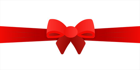 Red Bow with horizontal Ribbon across entire width. Volumetric Element for Page Decor, Banners,...