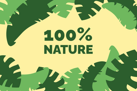 Tropical leaves on the background for inserting text inside. Text 100 nature. Horizontal Summer Banner with Exotic Forest for cosmetics, spa, children. Botany. Color image. Vector illustrationのイラスト素材