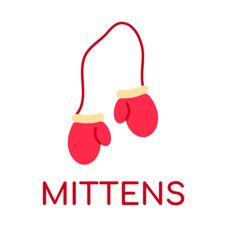 Mittens with elastic. English word for dictionary. Warm outerwear item. Learning, teaching Language for children. Winter Casual Wear. Wardrobe. Isolated object. Flat design. Color Vector illustrationのイラスト素材