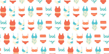 Women swimming trunks in row Seamless pattern. Different types of swimsuits - one-piece and two-piece swimsuit, bikini. Summer print of girly beachwear. Color Flat vector illustration - blue, orangeのイラスト素材