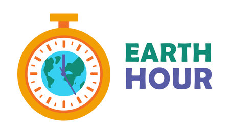 Timer with planet. Earth Hour. Postcard for holiday. Globe inside stopwatch. World Clock. Watch. Ecological event. Save Earth. Environment protection. Flat design. Colored Vector illustration.のイラスト素材