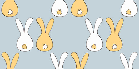 Pattern of two rabbits back view. Cute pair of Hares with tails and ears. Seamless animal print. Friendship, love. Pet or forest animal. Color image - yellow, white, gray. Doodle. Vector illustrationのイラスト素材