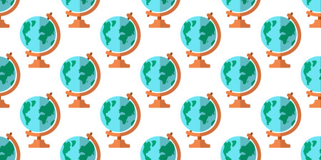 Seamless pattern of Globes on white background. Planet Earth. School subject on Geography. Symmetrical print. World map. Continents and oceans. Flat design. Colored Vector illustration.のイラスト素材