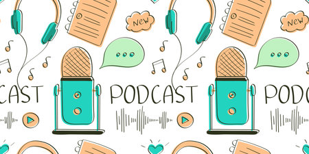 Podcast seamless pattern microphone, recording. Dialogues, news. Listen to the broadcast using wired headphones. Plan in notebook. Notes, conversations. Color outline image. Vector illustration.のイラスト素材
