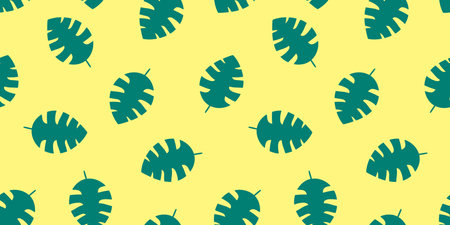 Pattern Leaf Silhouette Monstera. Doodle style. Seamless print exotic Plant yellow background. Green Botany, herbs. Evergreen liana. Tropical summer. Vibrant Color Image. Symmetry. Vector illustrationのイラスト素材