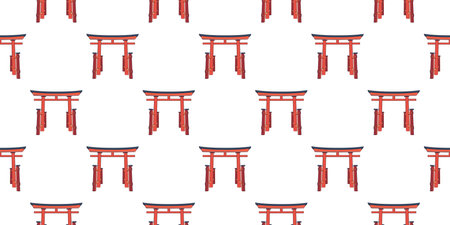 Colored torii pattern. Traditional red temple gate of Japan. Seamless print of Japanese tourist religious landmark on white background. East Asian culture. Symmetry. Shinto shrine. Vector illustrationのイラスト素材