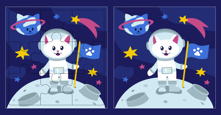 Space puzzle for children. White Cat in Spacesuit holds flag with footprint. Kitty shaped planet. Star galaxy. Conquest of Moon. Riddle for child. Color image. Flat style. Vector illustrationのイラスト素材