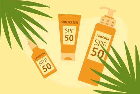 Sunscreen Palm Leaves sand. Marketing Banner. Protective Sunscreen Cream, SPF 50. Various Tubes summer cosmetics. UV protection. Skin care. Tropical plant. Flat style. Color image. Vector illustrationのイラスト素材