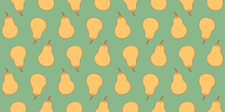 Pear Pattern. Seamless print Yellow fruit on green background. Duchess. Vegan healthy food. Fruit harvest. Farm garden products. Color image. Doodle style. Vector illustrationのイラスト素材