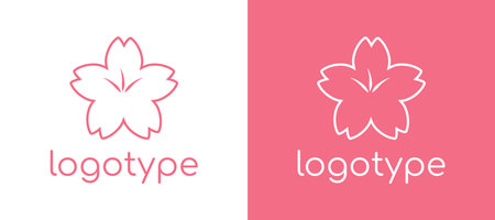 Outline Sakura Logo on pink and white background. Linear floral design element for womens cosmetics and florist. Flower shop. Japanese botany, contour bud. Form. Color image. Vector illustrationのイラスト素材