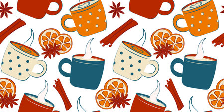 Cozy pattern of Mugs hot Drink, Cinnamon stick and Orange. Polka dot Cup. Coffee, cocoa, steam. Round piece Citrus. Star anise. Spices, condiments and fruit. Utensils, ingredients. Vector illustrationのイラスト素材