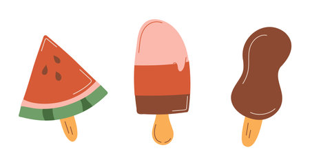 Ice cream set. Chocolate  stick, watermelon shape, striped. Collection sweetie, gelatos. Cold summer dessert. Sweet delicious food. Colored with outline. Isolated. Vector illustrationのイラスト素材