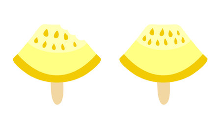 Melon-shaped ice cream on stick. Whole triangle and bitten piece. Sweetie. Sweet summer cold food. Piece of fruit. Meals, snacks. Isolated. Color image - yellow. Vector illustrationのイラスト素材