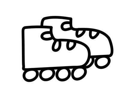 Roller skates side view Doodle style. Isolated drawn pair of Rollers on four wheels. Sports, active hobby. Outline art. Black and white contour drawing for children. Vector illustrationのイラスト素材
