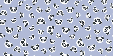 Smiling Panda head pattern. Cute muzzle of an Asian wild bear. Kawaii funny animal face. Seamless print for children. Vector illustration. Colored cartoon background. Design for fabricのイラスト素材