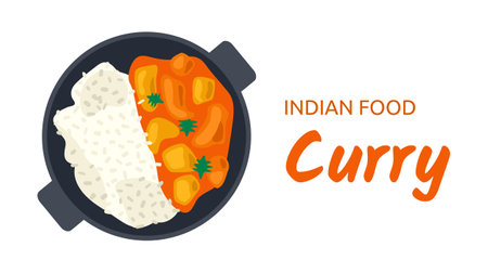 Indian food Curry - pieces of chicken with spicy sauce, rice and parsley on dark plate. View from above. Serving national dish. Traditional cuisine. Cooking with spices. Vector illustrationのイラスト素材