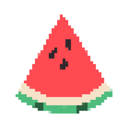 Pixel Watermelon Piece. Triangle of summer red striped fruit with seeds. 8-bit retro gaming style. Healthy vegan food. Isolated game item. Sweet ripe berry. Vector illustrationのイラスト素材