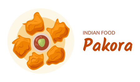 Indian food Paneer Pakora - fried chicken pieces with sauce on a plate. Tomato and Mint Chutney. Top view of snacks. National dish, traditional cuisine. Cooking with spices. Vector illustrationのイラスト素材