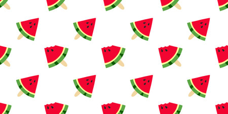 Ice cream Watermelon pattern. Seamless Print of a triangular piece of summer fruit with seeds on a stick. Bite a sweet dessert. Lollipop. Juicy, refreshing food. Vector illustrationのイラスト素材