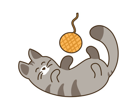 Domestic cat plays with a ball of thread. Cute striped gray pet lying down. Kawaii cheerful animal having fun. For stickers. Doodle style. Isolated on white background. Vector illustrationのイラスト素材