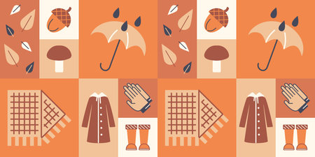 Autumn elements Square murals pattern. Falling Leaves, acorn, mushroom. Rain falls on umbrella. Waterproof clothing - rubber boots, raincoat, gloves and scarf. Orange, brown. Vector illustrationのイラスト素材