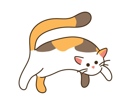 Spotted cute cat jumping. Tricolor domestic kitten runs away funny with its tail raised. Kawaii contour colored animal. Isolated character on white background for sticker. Vector illustrationのイラスト素材