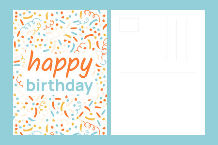 Happy Birthday postcard template Confetti. Clackers, curls and serpatine ribbons. Firecracker. Greeting card with text. Congratulations on holiday. Sparkle. Orange, blue, yellow. Vector illustrationのイラスト素材